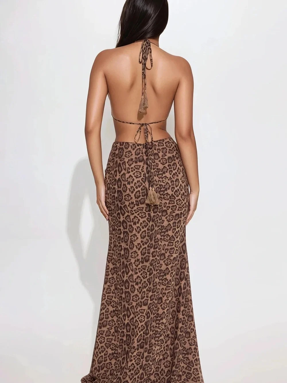 Fashion Nova Leopard Print Halter Cutout Maxi Dress - Brown Size S